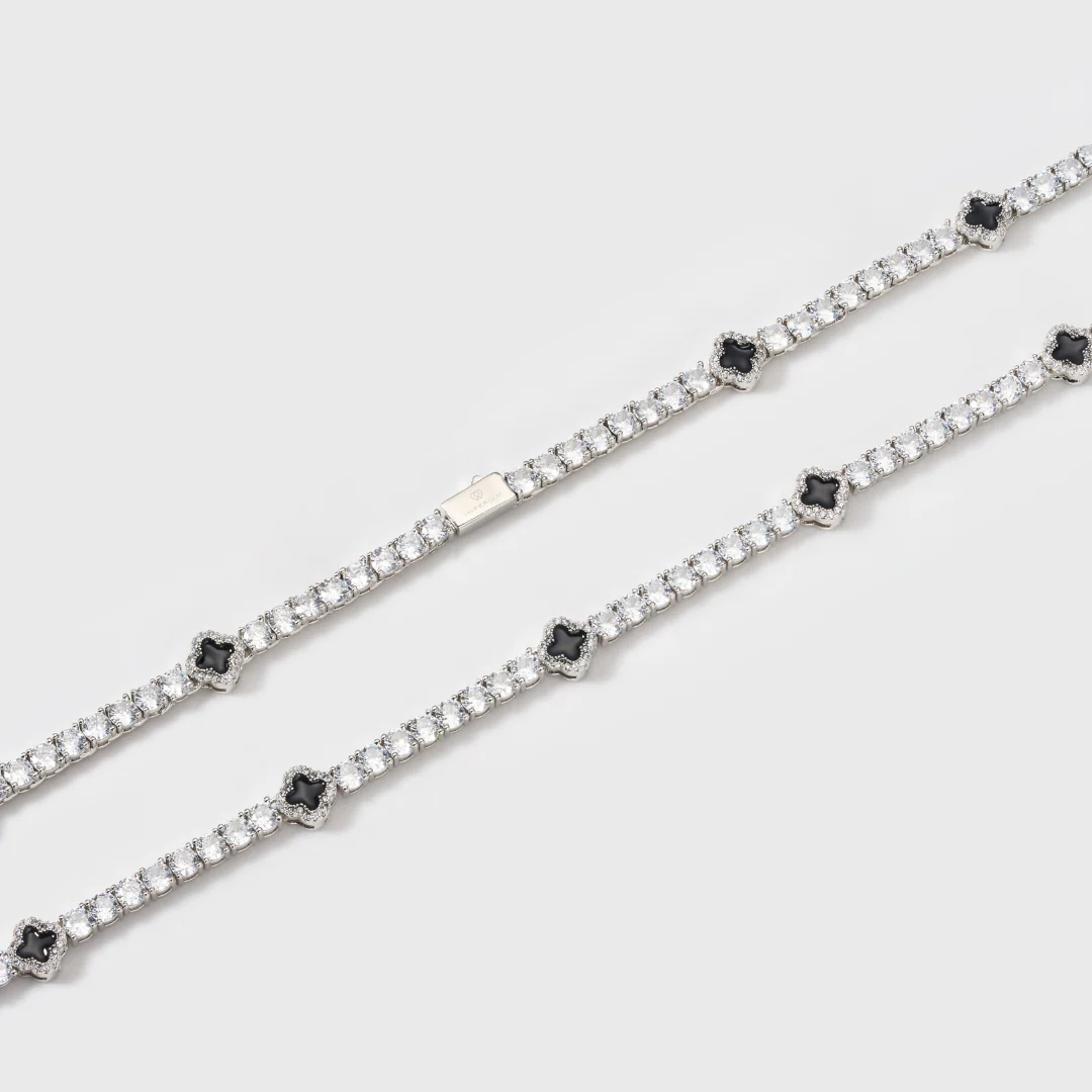 Black Clover Tennis Chain + Bracelet (Silver) - 4mm - Image 6