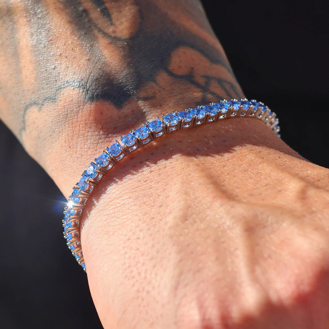 Blue Tennis Chain + Bracelet (Silver) - 4mm - Image 3