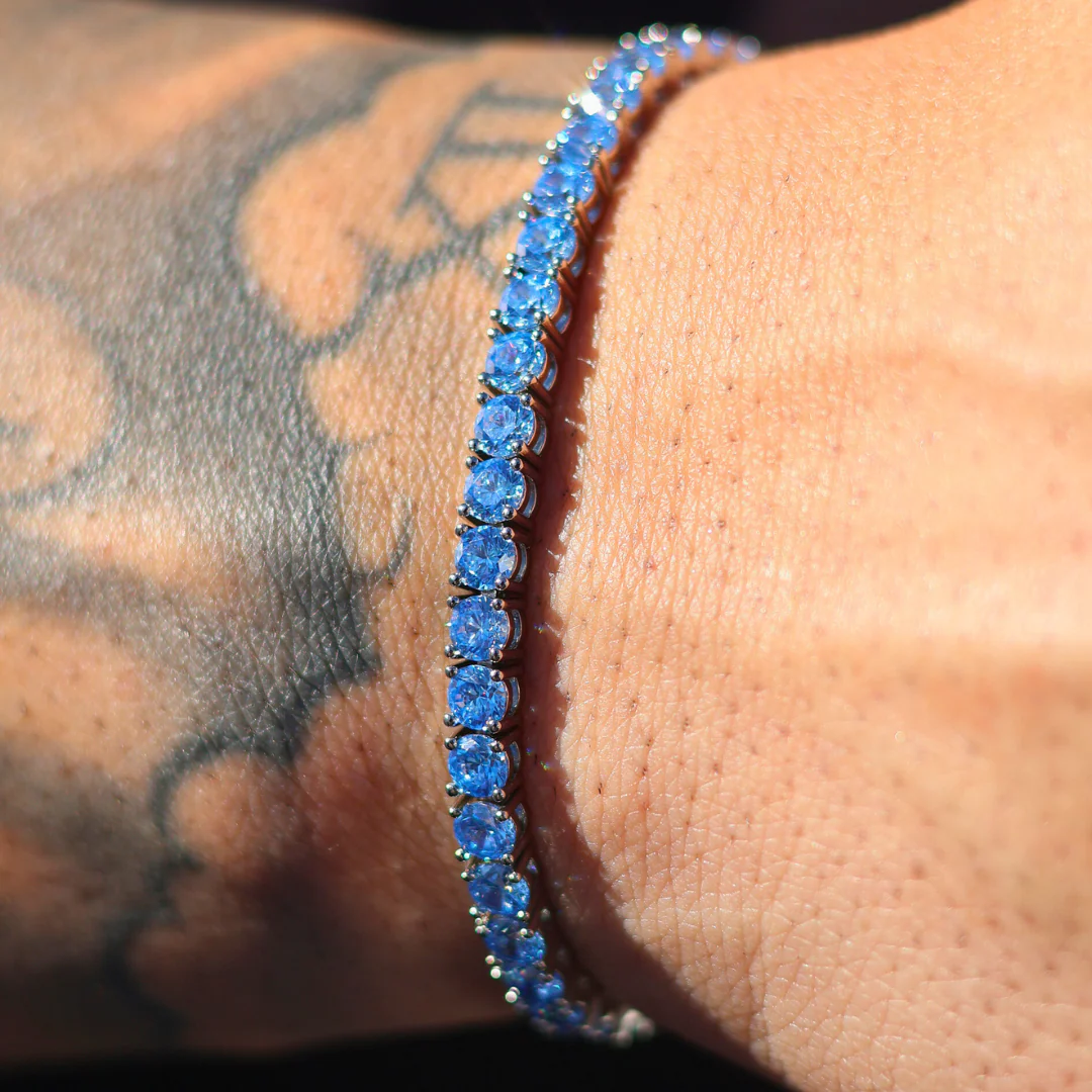 Blue Tennis Chain + Bracelet (Silver) - 4mm - Image 5
