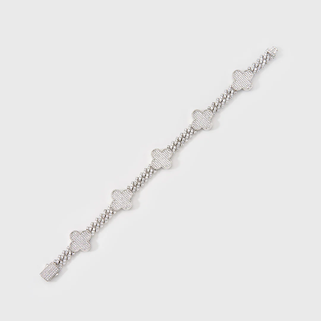Clover Iced Prong Cuban Bracelet (Silver) - 8mm - Image 3