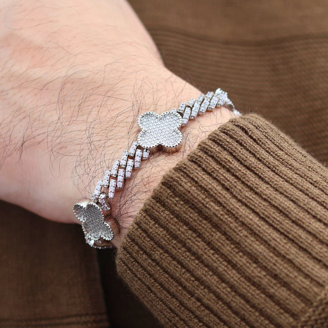 Clover Iced Prong Cuban Bracelet (Silver) - 8mm - Image 4