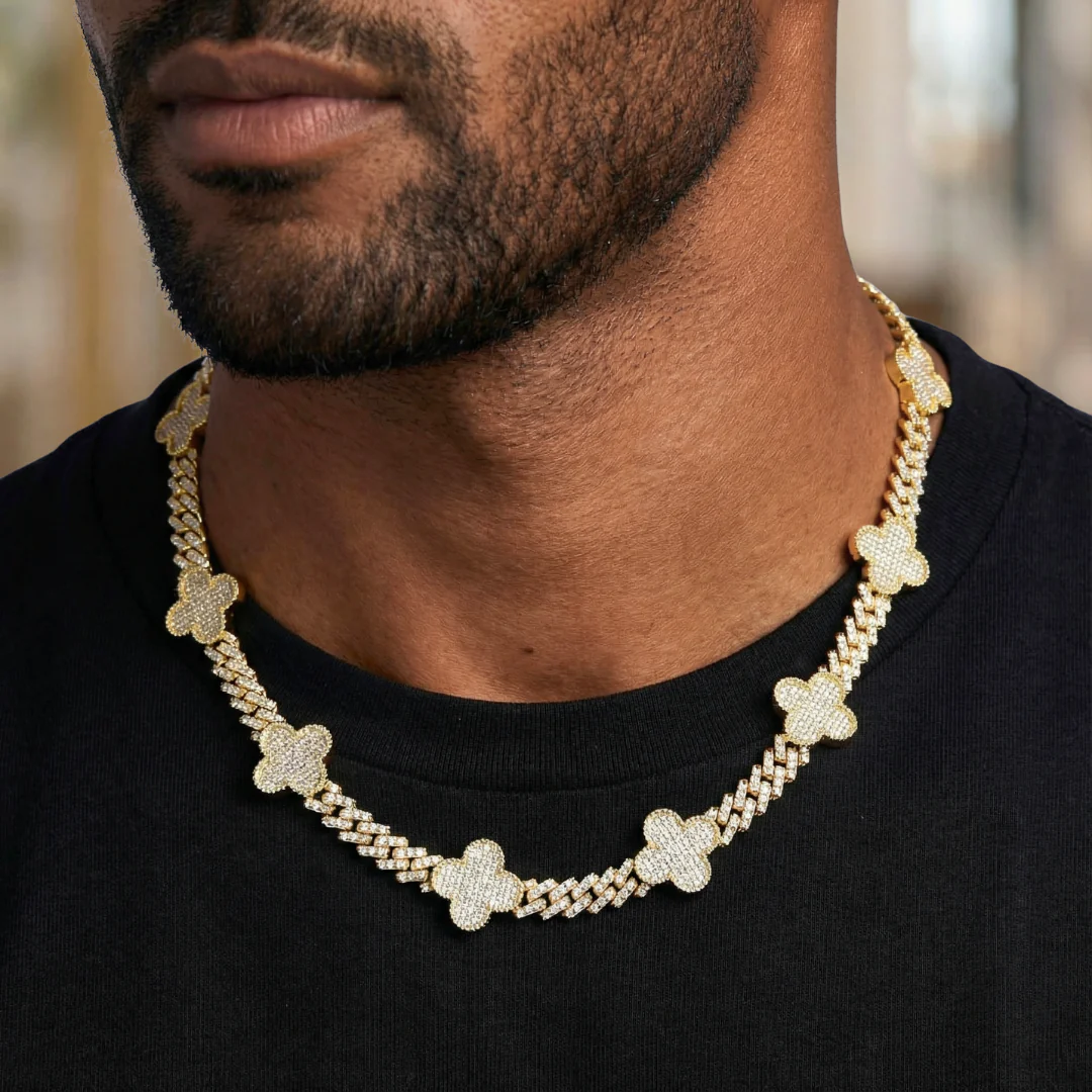 Clover Iced Prong Cuban Chain + Bracelet (Gold) - 8mm - Image 2