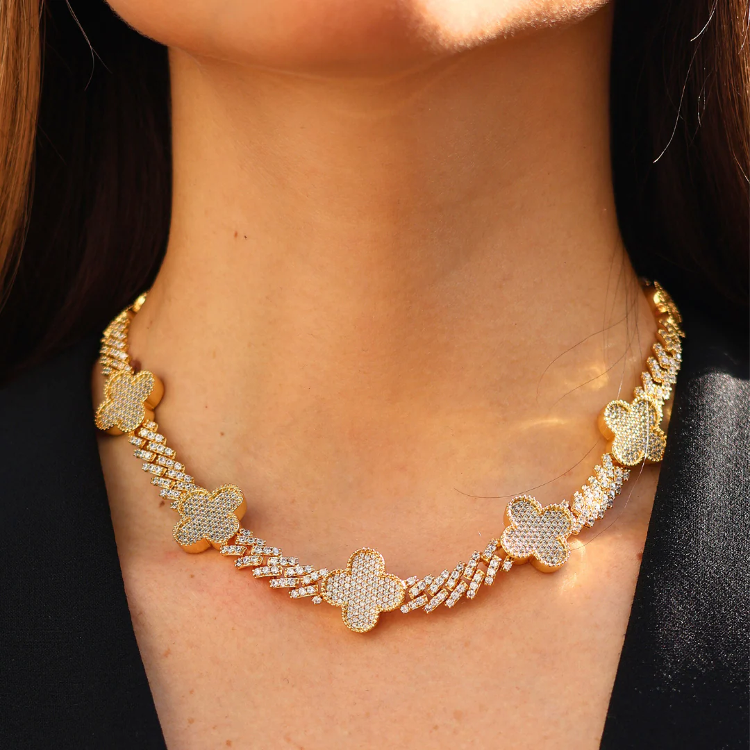Clover Iced Prong Cuban Chain + Bracelet (Gold) - 8mm - Image 3