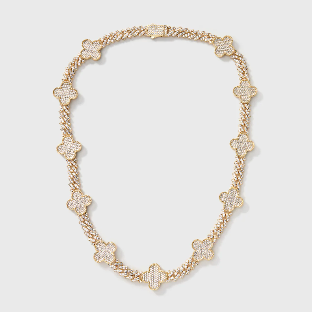 Clover Iced Prong Cuban Chain + Bracelet (Gold) - 8mm - Image 5