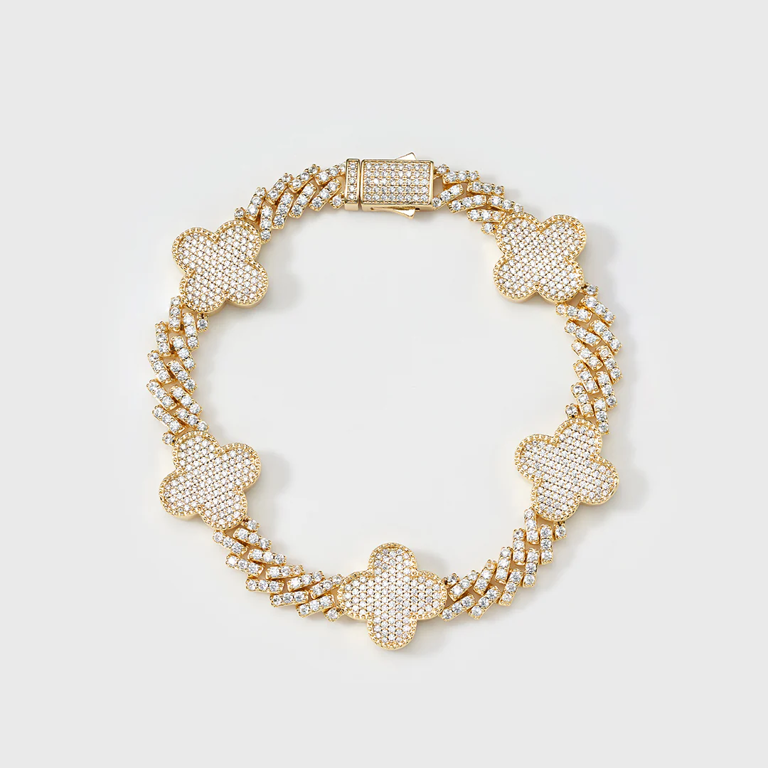 Clover Iced Prong Cuban Chain + Bracelet (Gold) - 8mm - Image 6