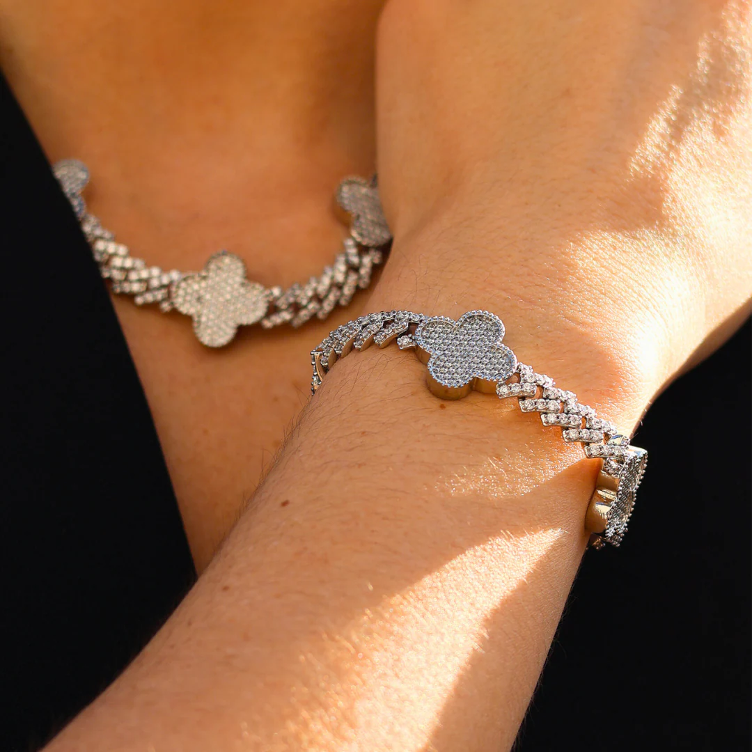 Clover Iced Prong Cuban Chain + Bracelet (Silver) - 8mm - Image 3