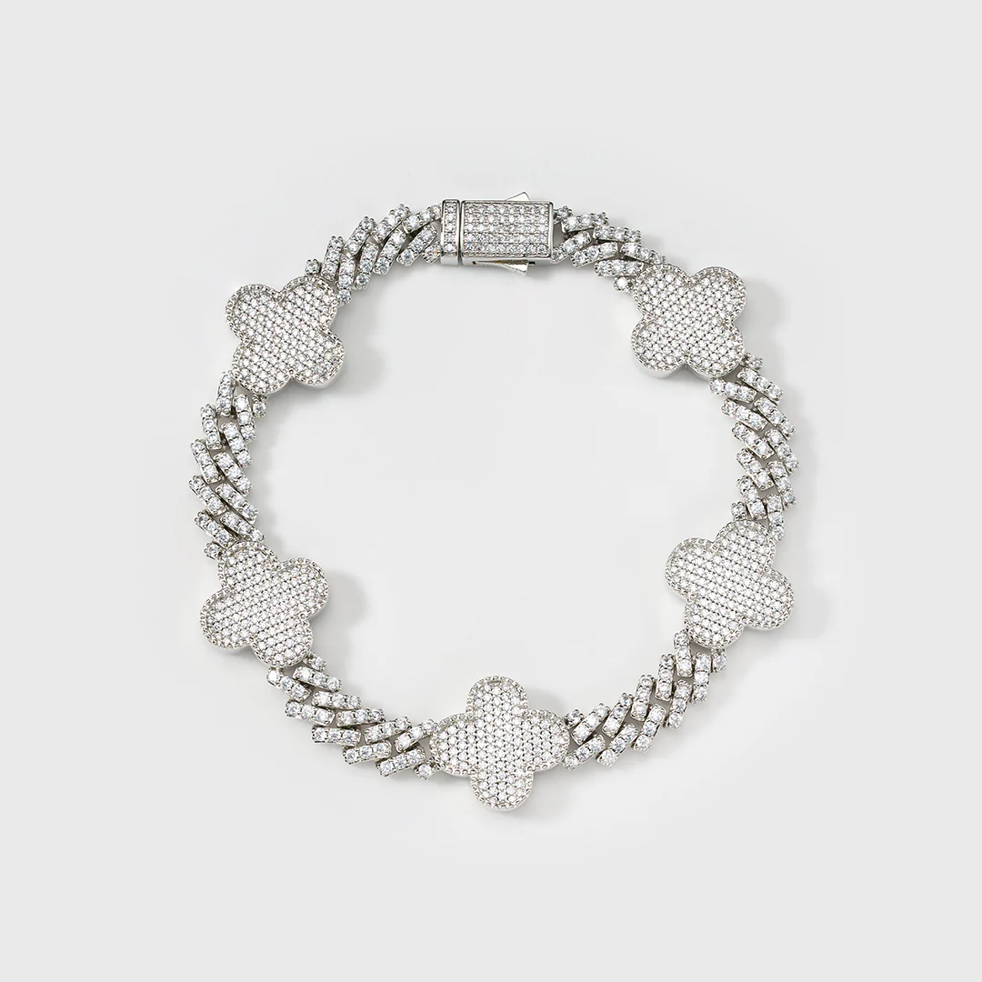 Clover Iced Prong Cuban Chain + Bracelet (Silver) - 8mm - Image 5