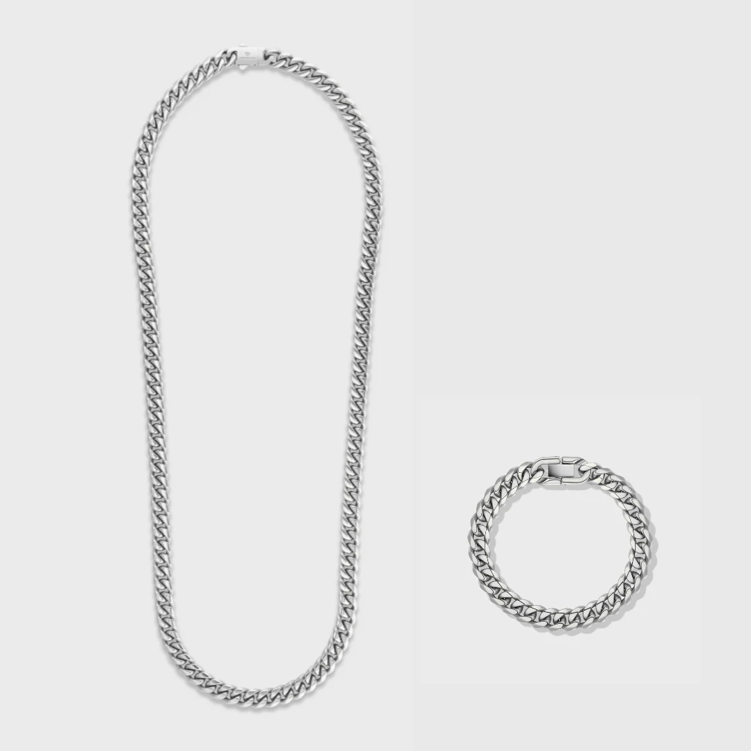 Cuban Link Chain + Bracelet (Silver) - 8mm