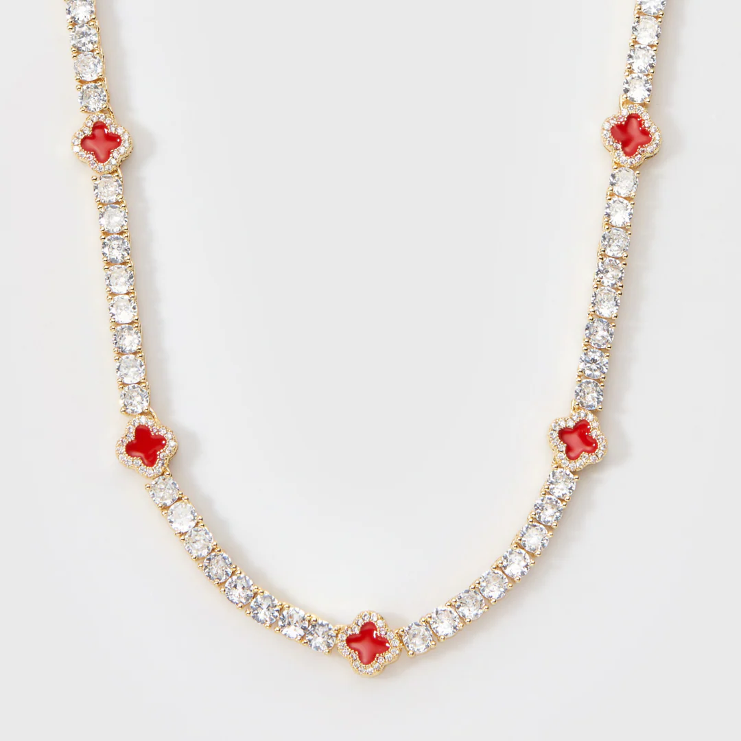 Red Clover Tennis Chain + Bracelet (Gold) - 4mm - Image 4