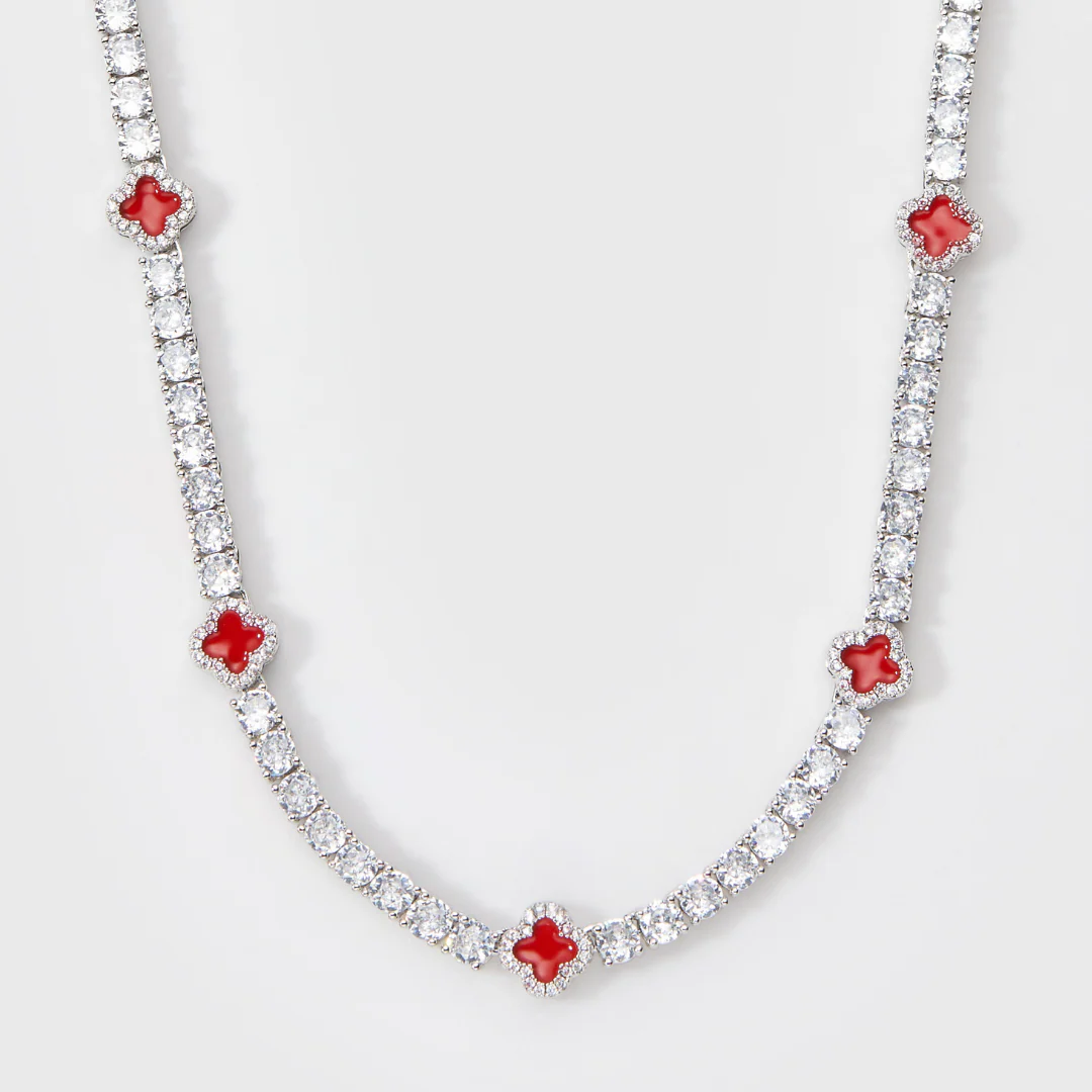Red Clover Tennis Chain + Bracelet (Silver) - 4mm - Image 4