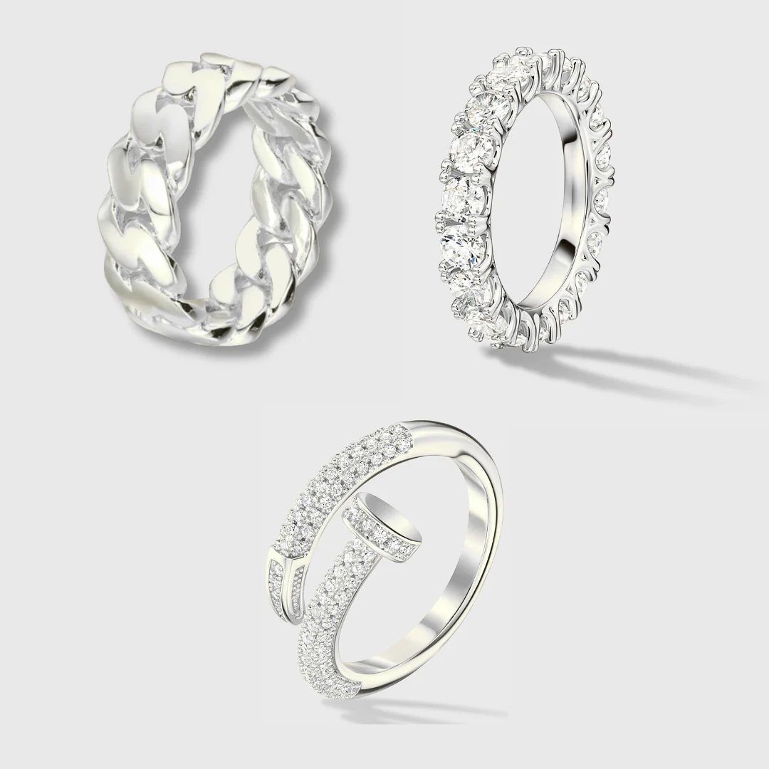 Rings Bundle (Silver) - Cuban, Tennis and Nail