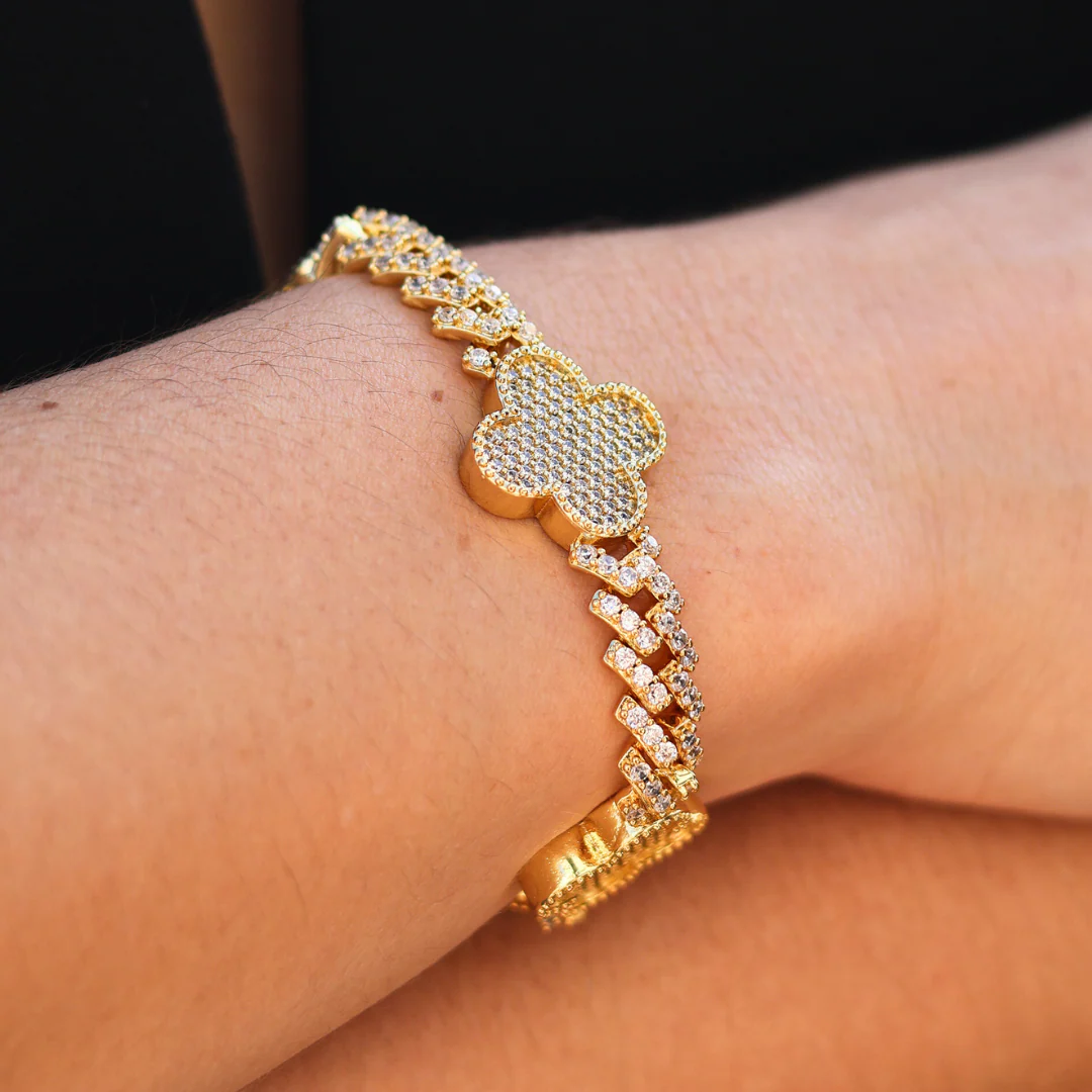 Women's Clover Iced Prong Cuban Bracelet (Gold) - 8mm - Image 2