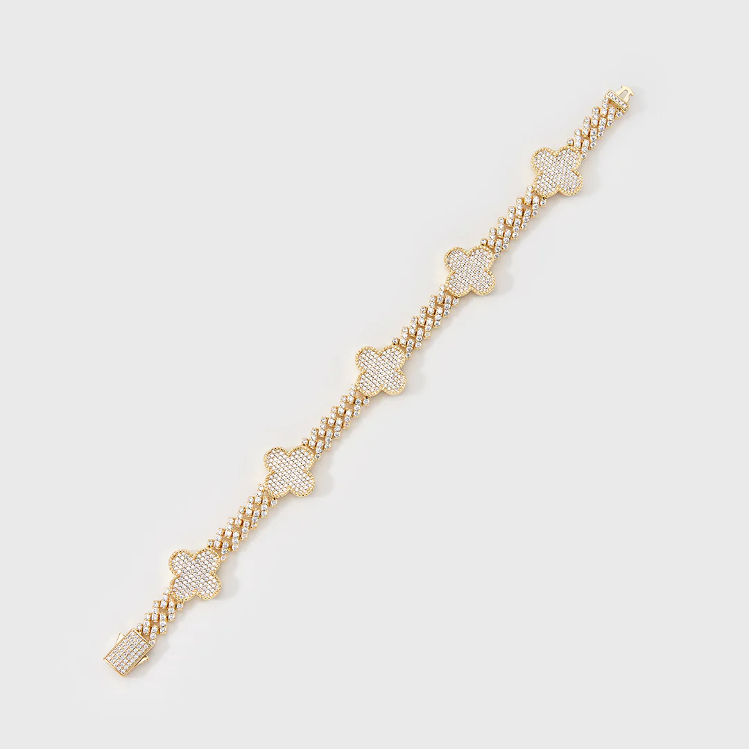 Women's Clover Iced Prong Cuban Bracelet (Gold) - 8mm - Image 3