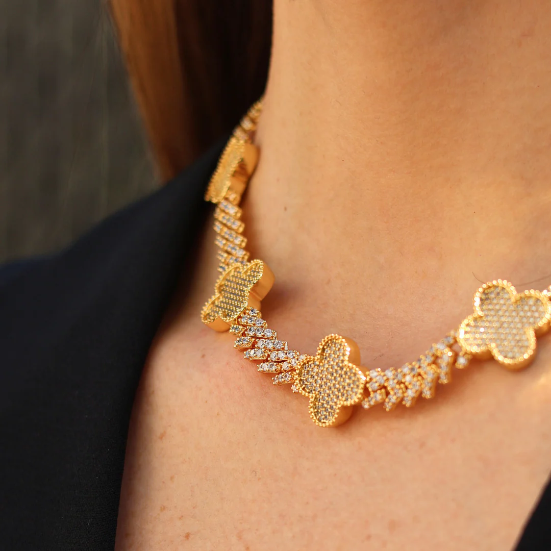 Women's Clover Iced Prong Cuban Chain (Gold) - 8mm - Image 4