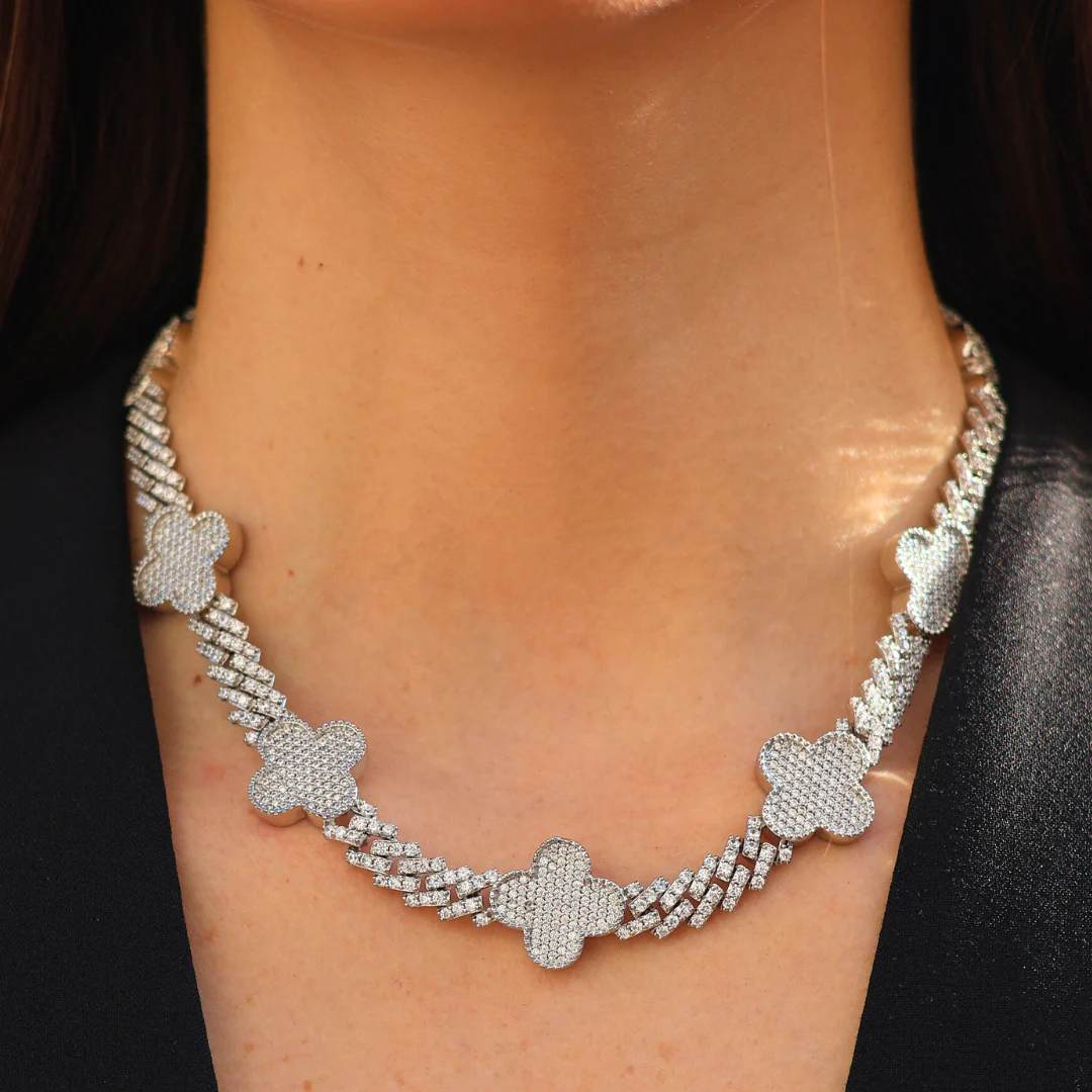 Women's Clover Iced Prong Cuban Chain (Silver) - 8mm - Image 2