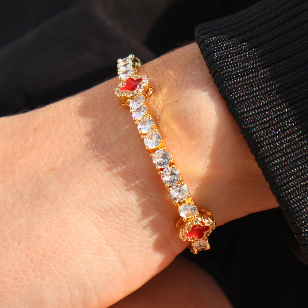Women's Red Clover Tennis Bracelet (Gold) - 4mm - Image 4